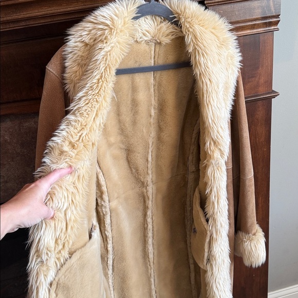 Wilsons Leather tan suede leather faux fur trim midi length Penny Lane jacket L - Picture 5 of 13